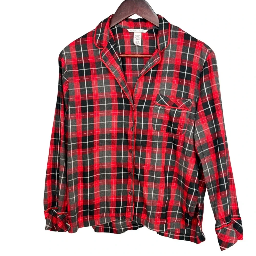 Victoria's Secret Red Plaid Flannel‎ Pajama Top Button Down Small Short Holiday